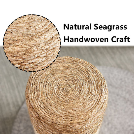 Wimarsbon Ottoman Poufs, 100% Natural Seagrass Pouffe, Hand Weave Round Footstool with Wood Frame, Sitting Braided Footrest, Home Boho Decorative Seat, Accent Chair for Living Room, Bedroom Wimarsbon