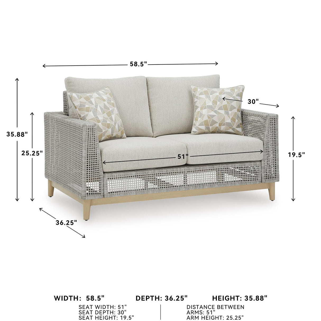 Signature Design by Ashley Seton Creek Cottage Weather Resistant Outdoor Loveseat with Cushion and 2 Throw Pillows, Light Brown & Light Gray Signature Design by Ashley