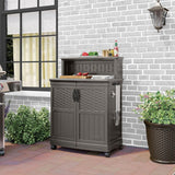 Suncast Patio Plastic Storage and Prep Station with Decorative Wicker Pattern and Multi Wall Panels for Patio, Garden, and Lawn Use, Stoney Gray Suncast