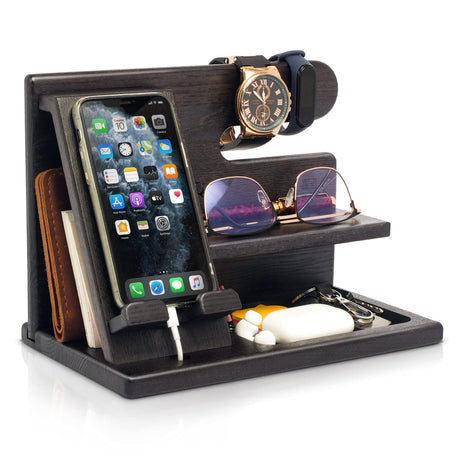 TESLYAR Wood Phone Docking Station for Men - Desktop or Nightstand Organizer - Birthday Gifts for Men, Dad - Anniversary Idea from Wife - Key Holder, Stand Wallet, Watch & Essentials (Fumed Black) TESLYAR