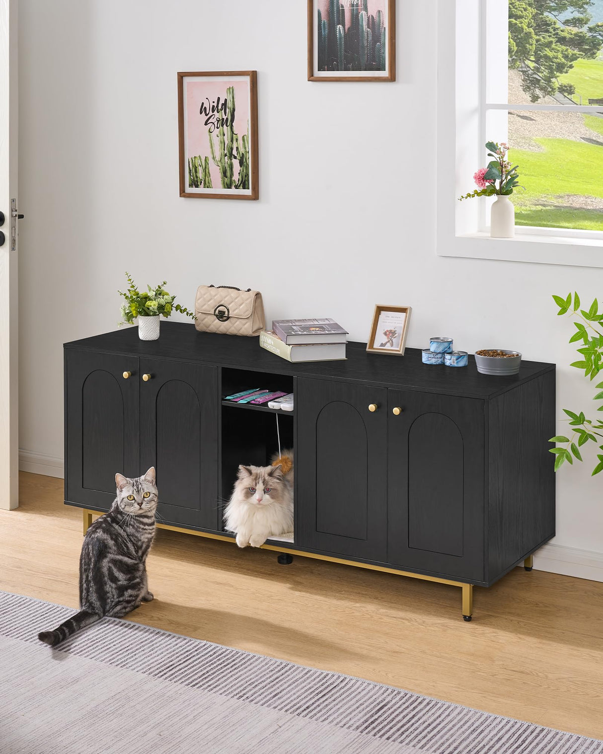 Hzuaneri Cat Litter Box Enclosure, Hidden Litter Box Furniture, Wooden Pet House Side End Table, Storage Cabinet Bench for Living Room, Bedroom, 55.2 x 20 x 23.9 inches, Black and Gold CB81504A Hzuaneri
