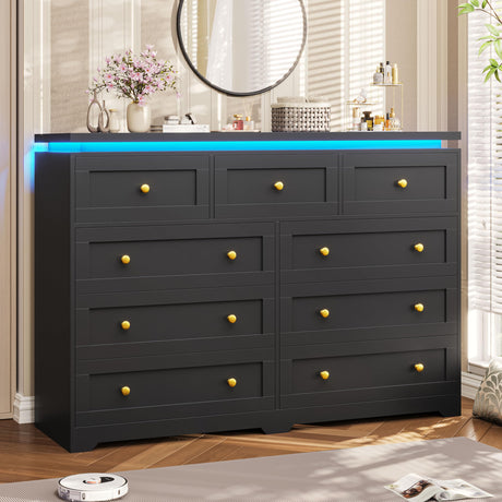 VIAGDO 9 Drawers Black Dresser for Bedroom with LED Lights, Wood Large Bedroom Dressers, Modern 9 Chest of Drawer, Tall Dresser for Closet, Drawer Organizer Cabinet for Living Room, Hallway VIAGDO