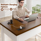 EnHomee Desk with Drawers & Power Outlets, Computer Desk for Home Office, Bedroom, Small Desk with a Side Pocket, 31.5" Writing Desk, Study Desk, Brown+White EnHomee
