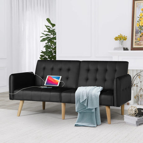 TYBOATLE Faux Leather Convertible 65'' Folding Futon Sofa Bed w/ 2 USB, Loveseat for Small Space, Apartment, Dorm, Living Room, Office, Black TYBOATLE