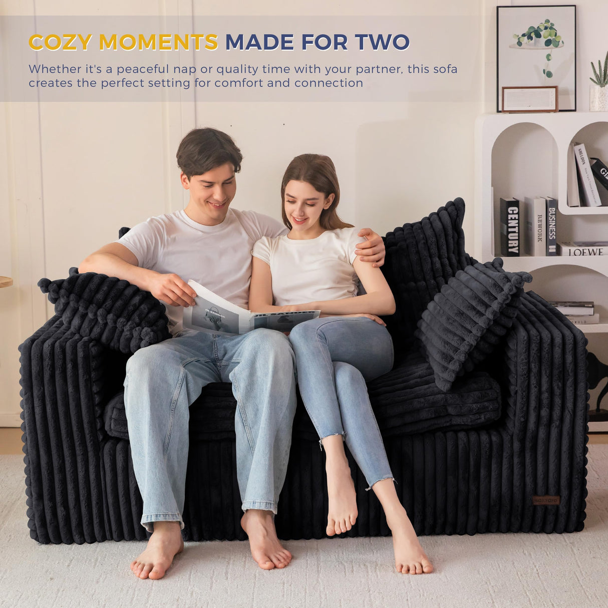 MAXYOYO Bean Bag Chair for Living Room, Upholstered Loveseat Sofa Couch with Deep Seating, Wide Armrests Boneless Couch Sofa in a Box for Bedroom Office Apartment, No Assembly, Black MAXYOYO