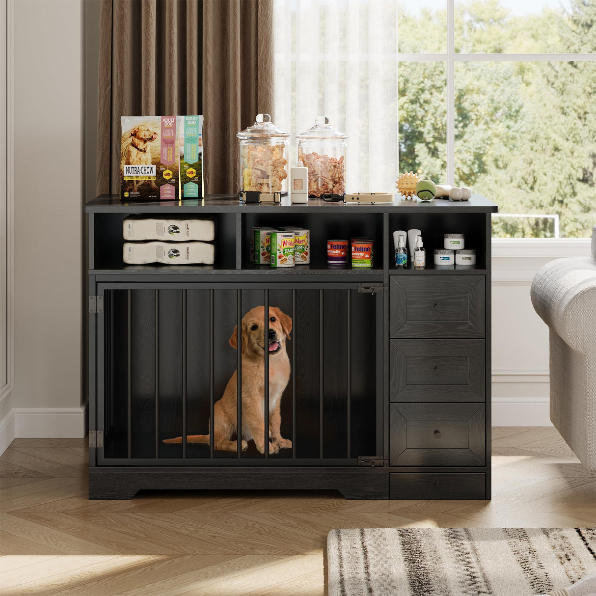 GarveeLife 48 Inch Large Dog Crate Furniture, Farmhouse Dog Kennel with Dog Bowl, 3 Drawers, 3 Open Drawers, Heavy Duty Dog Crate Table for Medium Small Dogs for Living Room, Entryway, Black GarveeLife