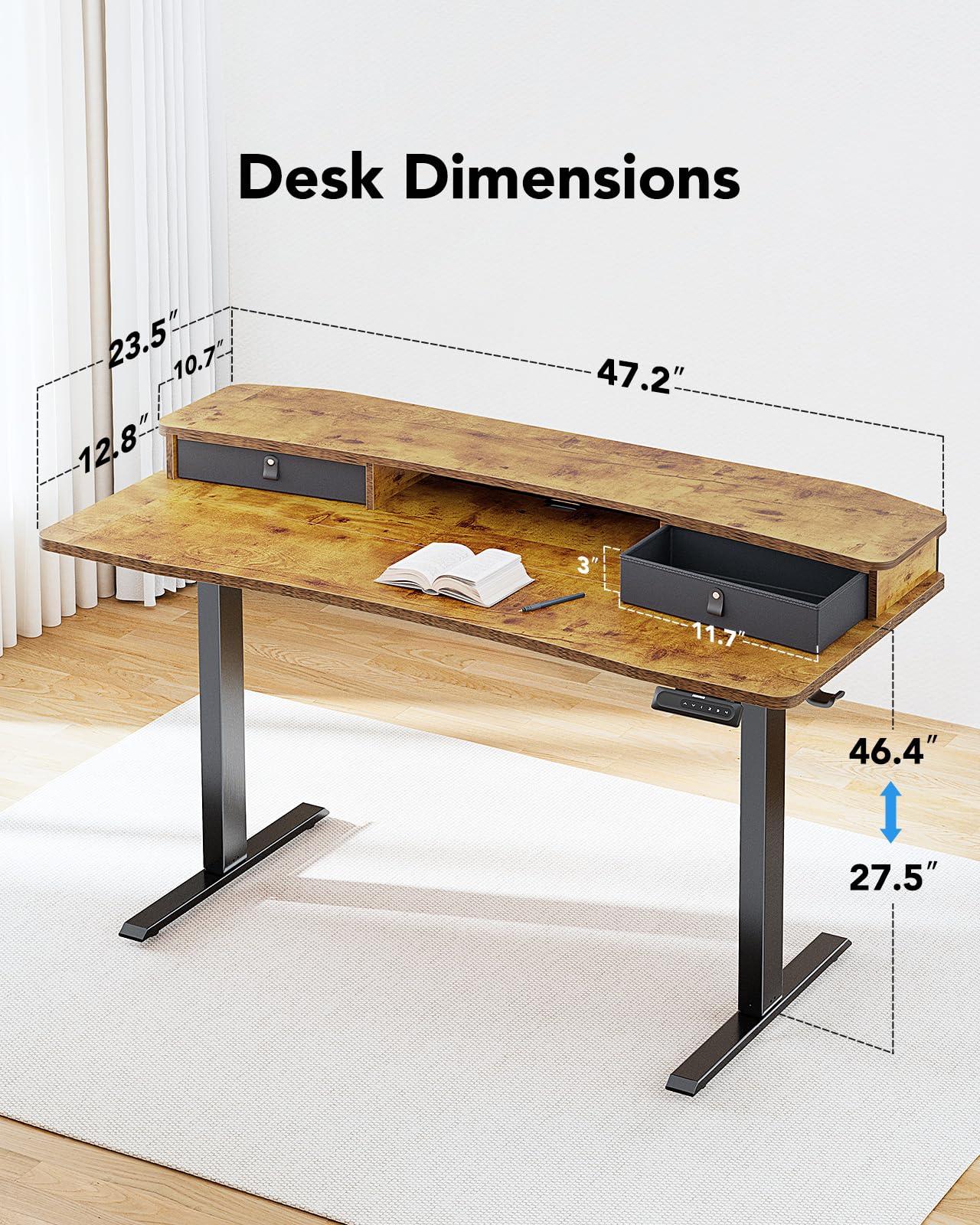 HUANUO 48″ x 24″ Electric Standing Desk with 2 Drawers, C-Clamp Mount Compatible, Height Adjustable Computer Desk, Home Office Stand Up Desk with 4 Preset Heights & 2 Hooks, Vintage Brown - WoodArtSupply