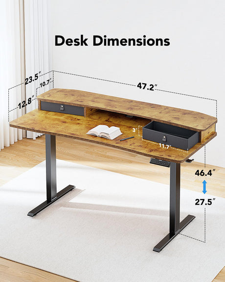 HUANUO 48″ x 24″ Electric Standing Desk with 2 Drawers, C-Clamp Mount Compatible, Height Adjustable Computer Desk, Home Office Stand Up Desk with 4 Preset Heights & 2 Hooks, Vintage Brown HUANUO