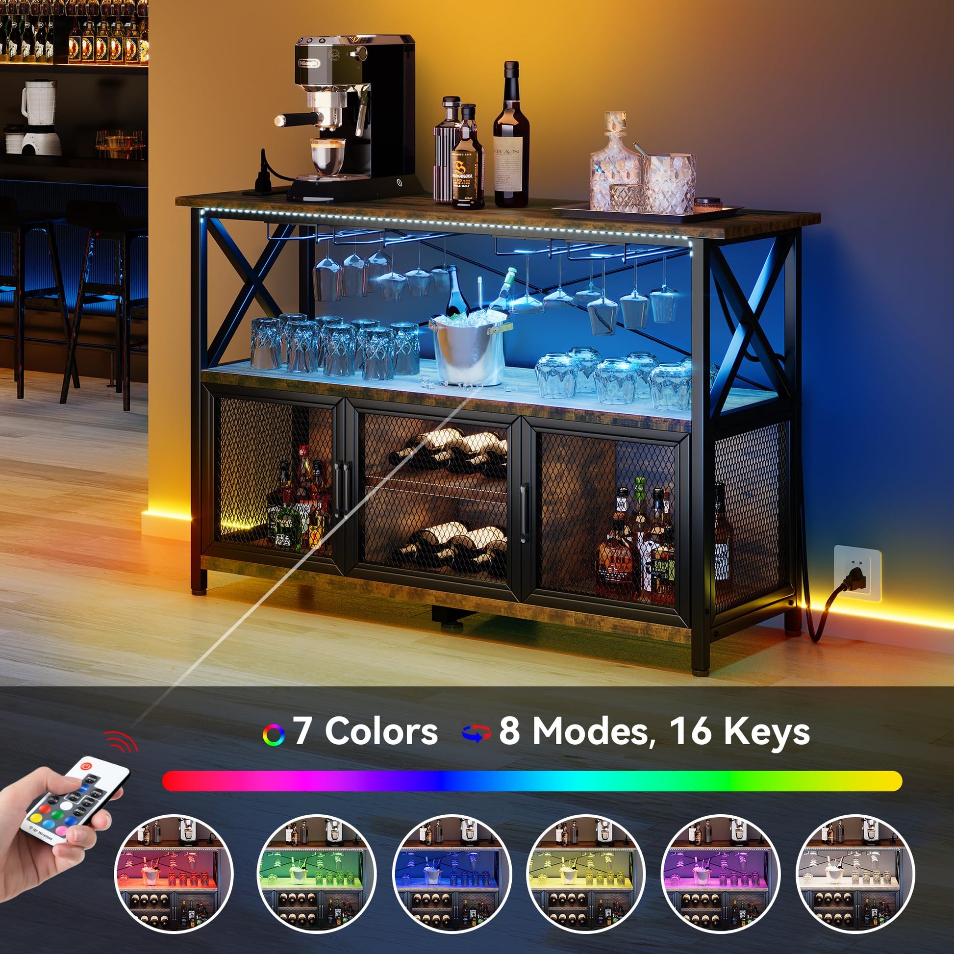 YITAHOME 55" LED Wine Bar Cabinet with Power Outlets and Ample Storage in Rustic Brown - WoodArtSupply