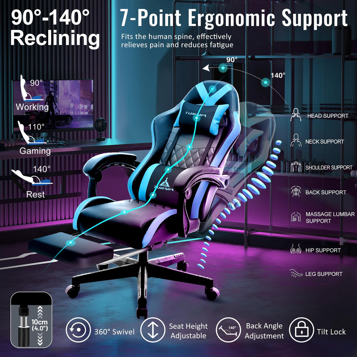 TUKAKA Gaming Chair,Ergonomic Massage Computer Office Desk Chair with Footrest,Pocket Spring Cushion,Reclining Leather Adjustable Gamer Chair with Headrest and Lumbar Support,Blue TUKAKA
