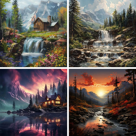 CHWGLFGG 4 Pack Diamond Painting Kits for Adults Beginners,DIY 5D Scenic Landscape Diamond Art Kits,Round Full Drill Forest Sunset Glow Scenery Gem Art Kit,Home Wall Decor 11.8 x 11.8 Inch CHWGLFGG