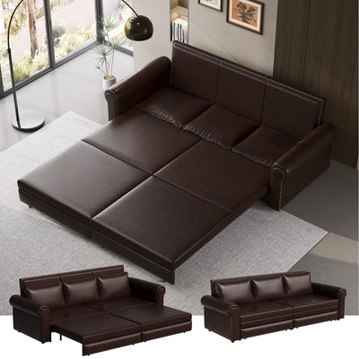 LuxyHoom 93.7" King Size Sleeper Sofa Bed, Pull Out Sofa Bed, Faux Leather Upholstery, 3 in 1 Convertible Sleeper Couch, Chaise Lounge, Retro Recliner for Living Room, Office, Apartment, Dark Brown