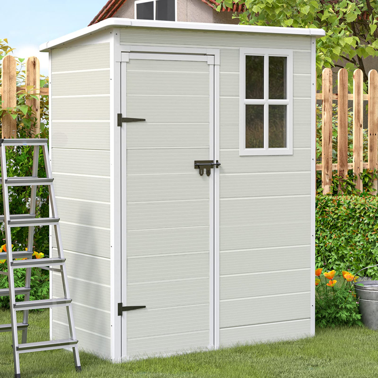 UDPATIO Outdoor Storage Shed 5x3 FT, Resin Garden Shed for Bike, Garbage Can, Tool, Plastic Outside Sheds & Outdoor Storage Storage Box with Lockable Door for Backyard, Patio, Lawn, Sandstone UDPATIO