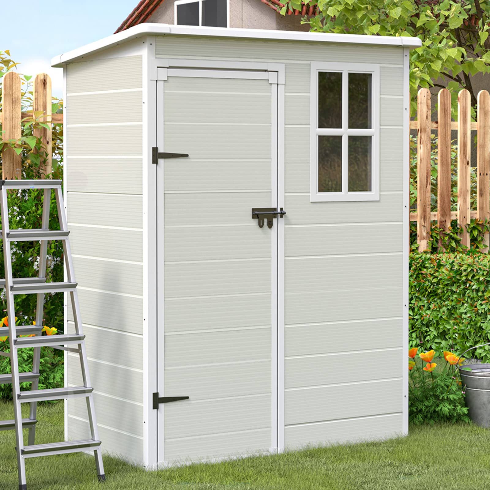 UDPATIO Outdoor Storage Shed 5x3 FT, Resin Garden Shed for Bike, Garbage Can, Tool, Plastic Outside Sheds & Outdoor Storage Storage Box with Lockable Door for Backyard, Patio, Lawn, Sandstone - WoodArtSupply