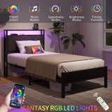 VECOCHO Twin Bed Frame with Charging Station and LED Lights,Upholstered Headboard with Storage Shelves,Heavy Duty Metal Slats, No Box Spring Needed,Noise Free, Easy Assembly,Black and Dark Grey VECOCHO