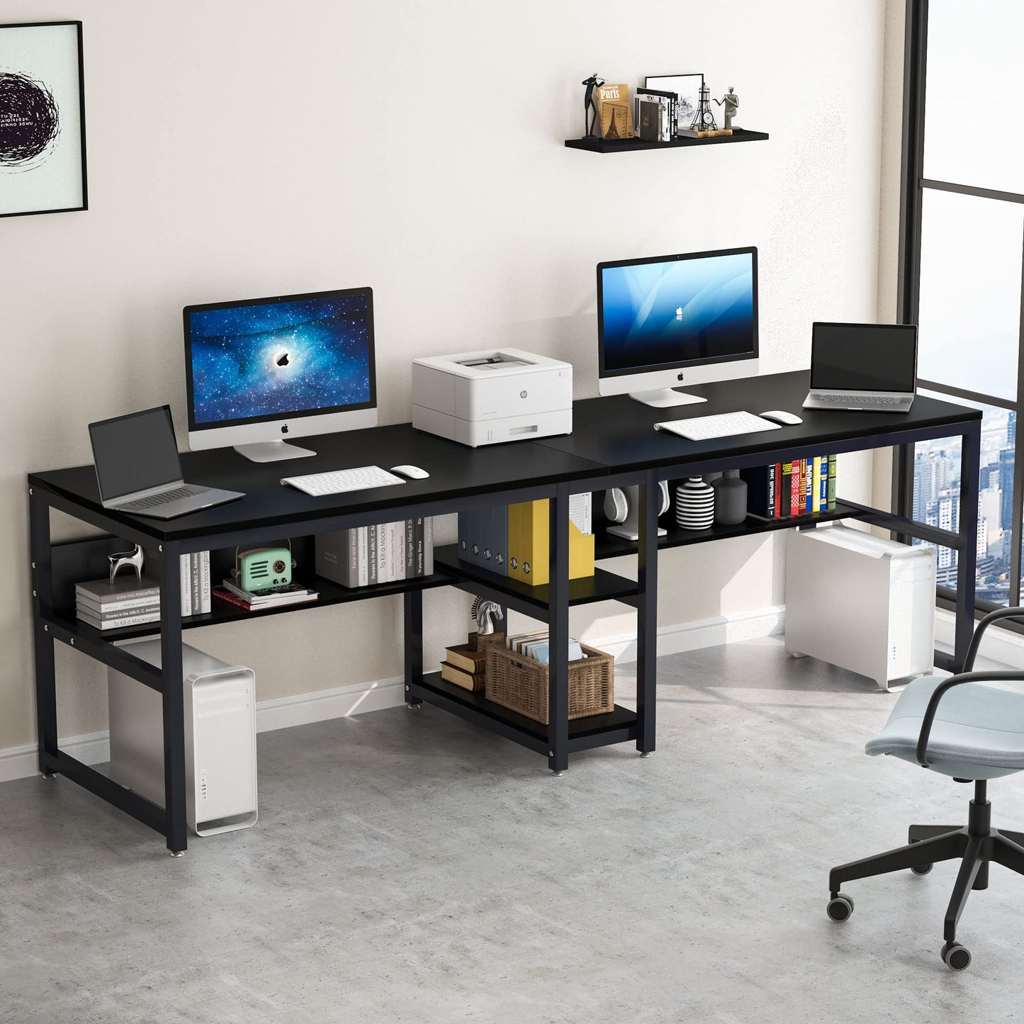 Tribesigns Rustic Double Desk with Bookshelf - 78.7 Inch Two-Person Computer Workstation in Black - WoodArtSupply