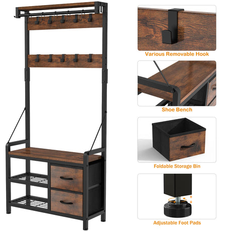 Lulive Hall Tree, 31.5” Entryway Bench with Coat Rack freestanding, 5 in 1 Intelligent Design Shoe Bench and Wall Rack 17 Hooks and Drawers (Rustic Brown) Lulive