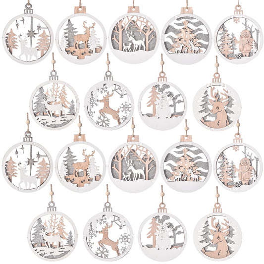 18pcs Christmas Ornaments, IDATOO Farmhouse Rustic Winter Wonderland Glitter Decorations, 3D Layered Scenes Wood Ornaments Holiday Decor for Winter Christmas Tree Window Door Accessories(18) - WoodArtSupply