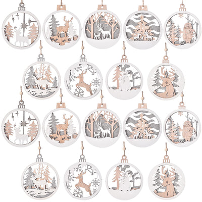 18pcs Christmas Ornaments, IDATOO Farmhouse Rustic Winter Wonderland Glitter Decorations, 3D Layered Scenes Wood Ornaments Holiday Decor for Winter Christmas Tree Window Door Accessories(18)