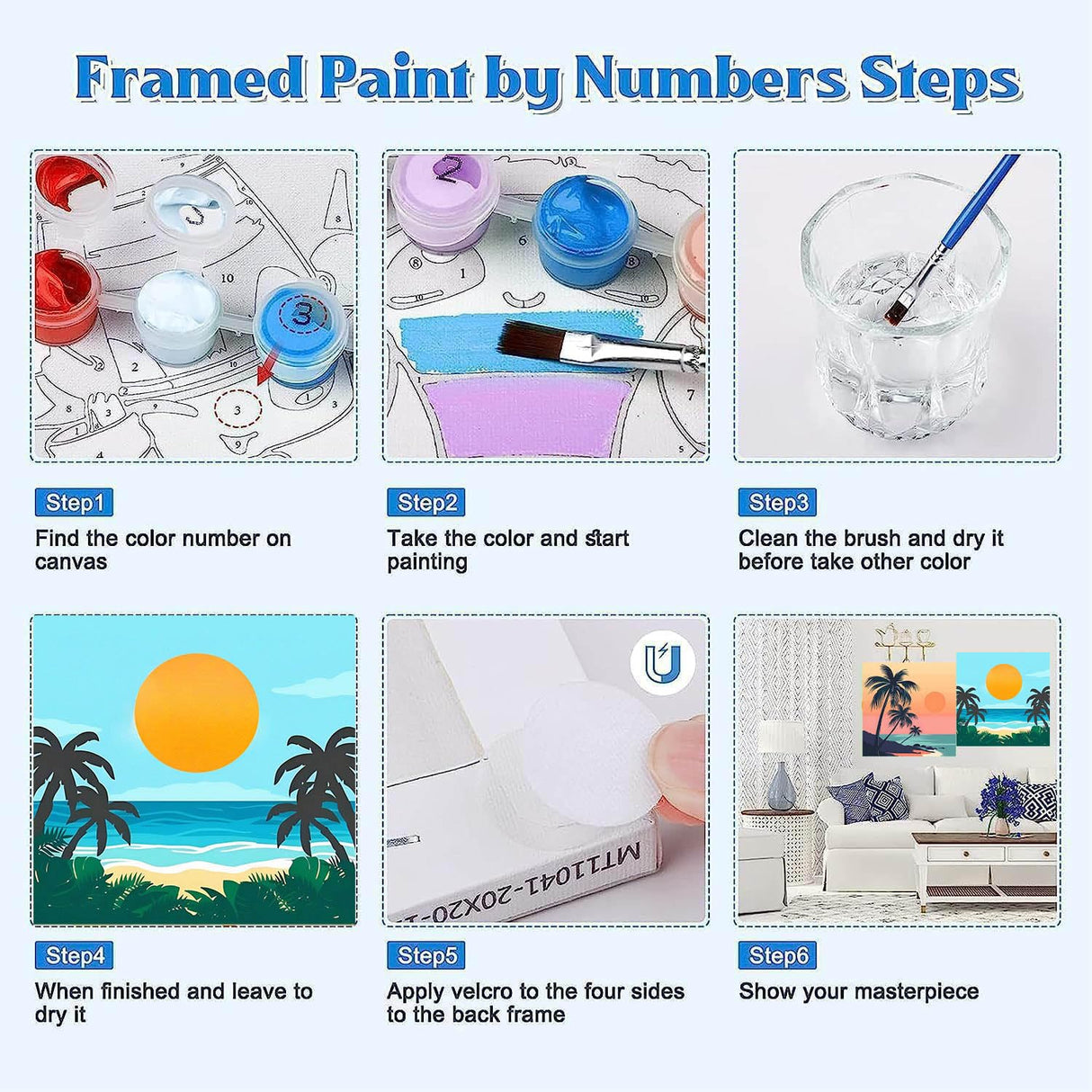 FOXKISS 4 Pack Framed DIY Paint by Numbers Kit for Adults Beginner,Sunset Oil Painting Easy Paint by Number with Canvas, Acrylic Paint Kit Arts and Crafts for Adults for Decor 8x8inch FOXKISS