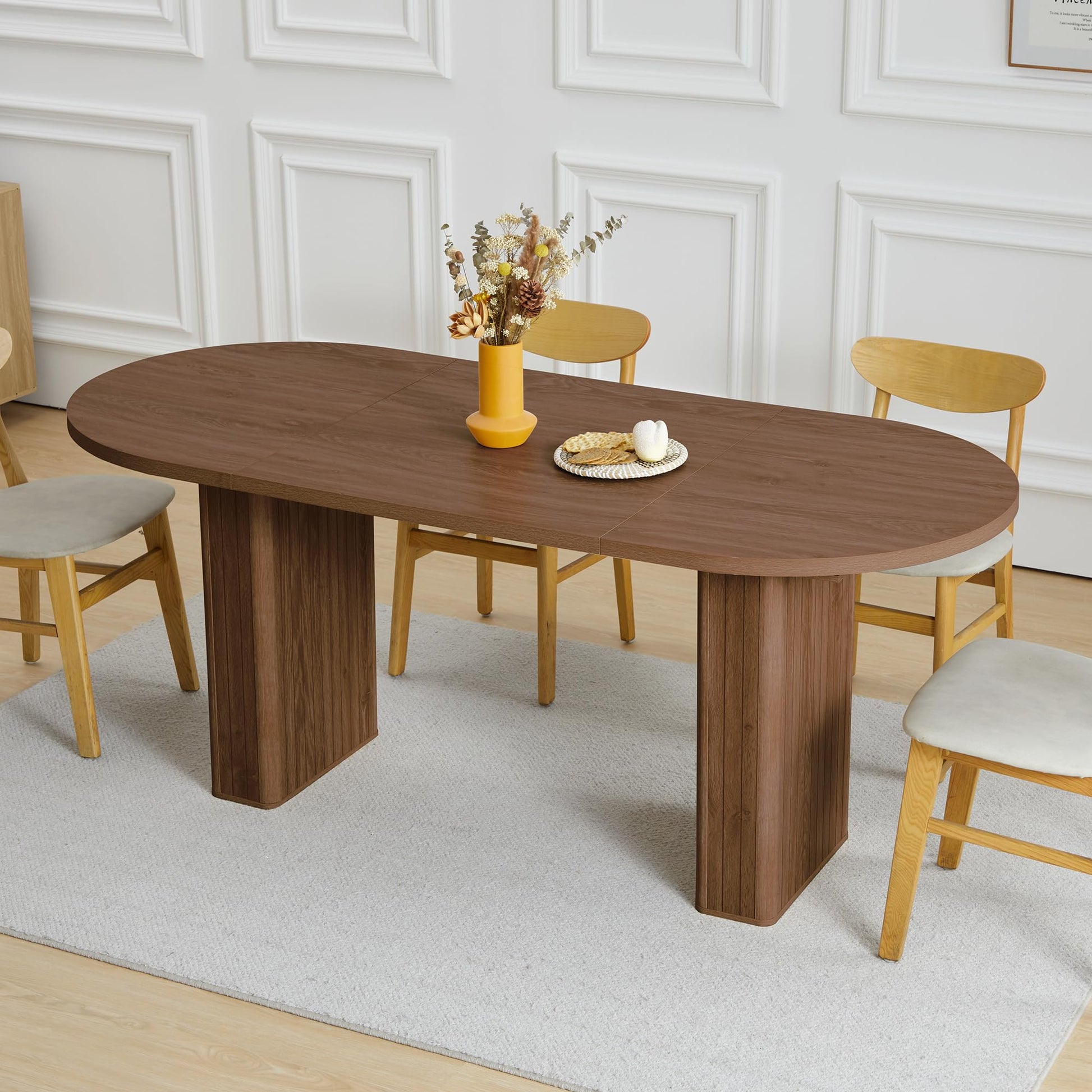 70.8 Inch Kitchen Dining Table for 6-8 People, Oval Kitchen Table with Wood Strip Base, Modern Farmhouse Large Round Dining Room Tables for Kitchen Living Room (Walnut) - WoodArtSupply