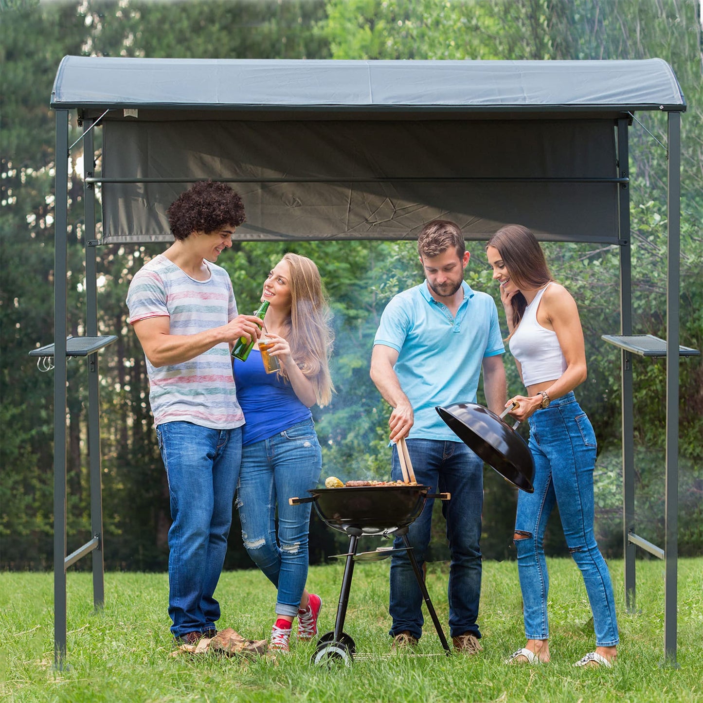 Outsunny 7FT Grill Gazebo BBQ Canopy with Sun Shade Panel Side Awning, 2 Exterior Serving Shelves, 5 Hooks for Patio Lawn Backyard - WoodArtSupply