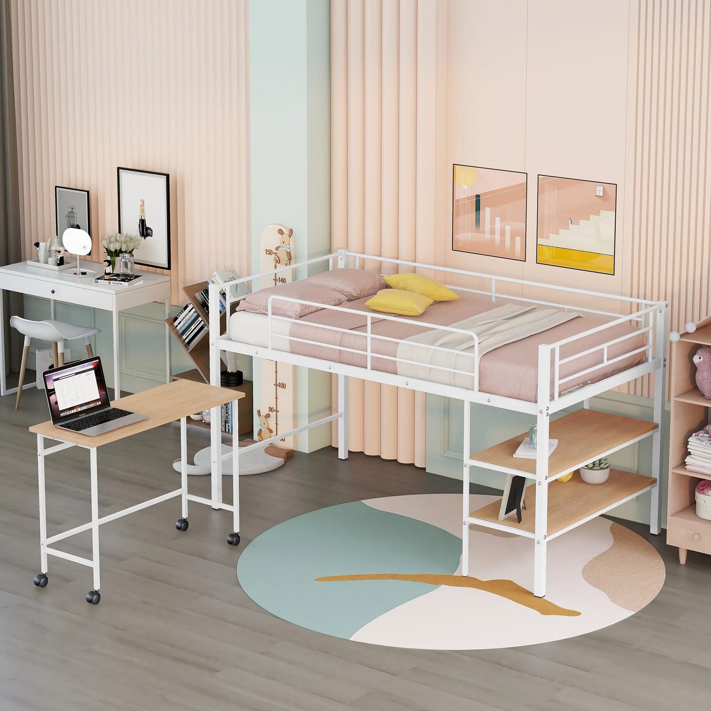 Harper & Bright Designs Low Loft Bed with Desk, Twin Size Metal Loft Bed Frame with Storage Shelves for Kids (Twin Size, White)