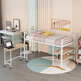 Harper & Bright Designs Low Loft Bed with Desk, Twin Size Metal Loft Bed Frame with Storage Shelves for Kids (Twin Size, White) Harper & Bright Designs