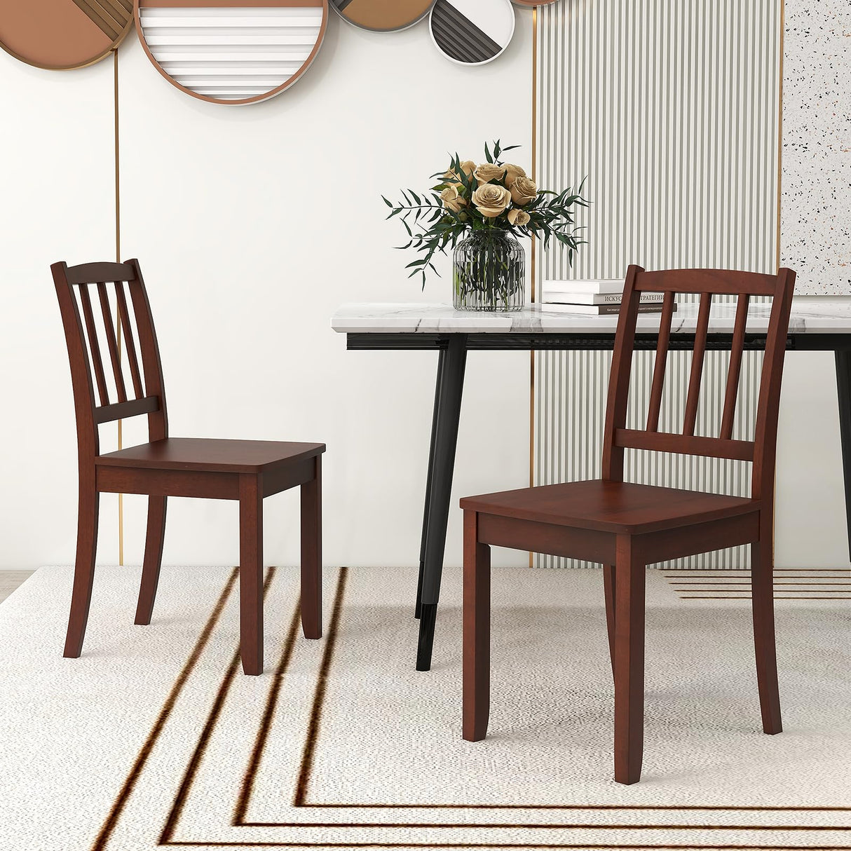 Giantex Farmhouse Dining Chairs Set of 2, Modern Kitchen Chairs w/Rubber Wood Legs & Curved Backrest, Ladder Back Diner Chairs, Wooden Side Chairs for Study, Dining Room, Load 400 LBS, Brown Giantex