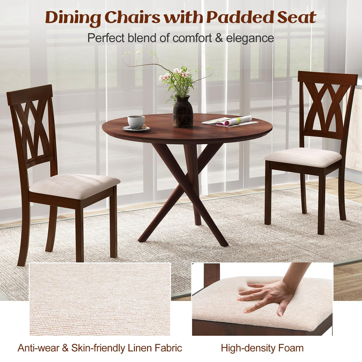 Giantex Wood Dining Chair Set of 2, Wooden Kitchen Chairs with Upholstered Seat, Rubber Wood Legs & Cross Back, Farmhouse Armless Side Chairs for Dining Room, Restaurant, Oak Giantex