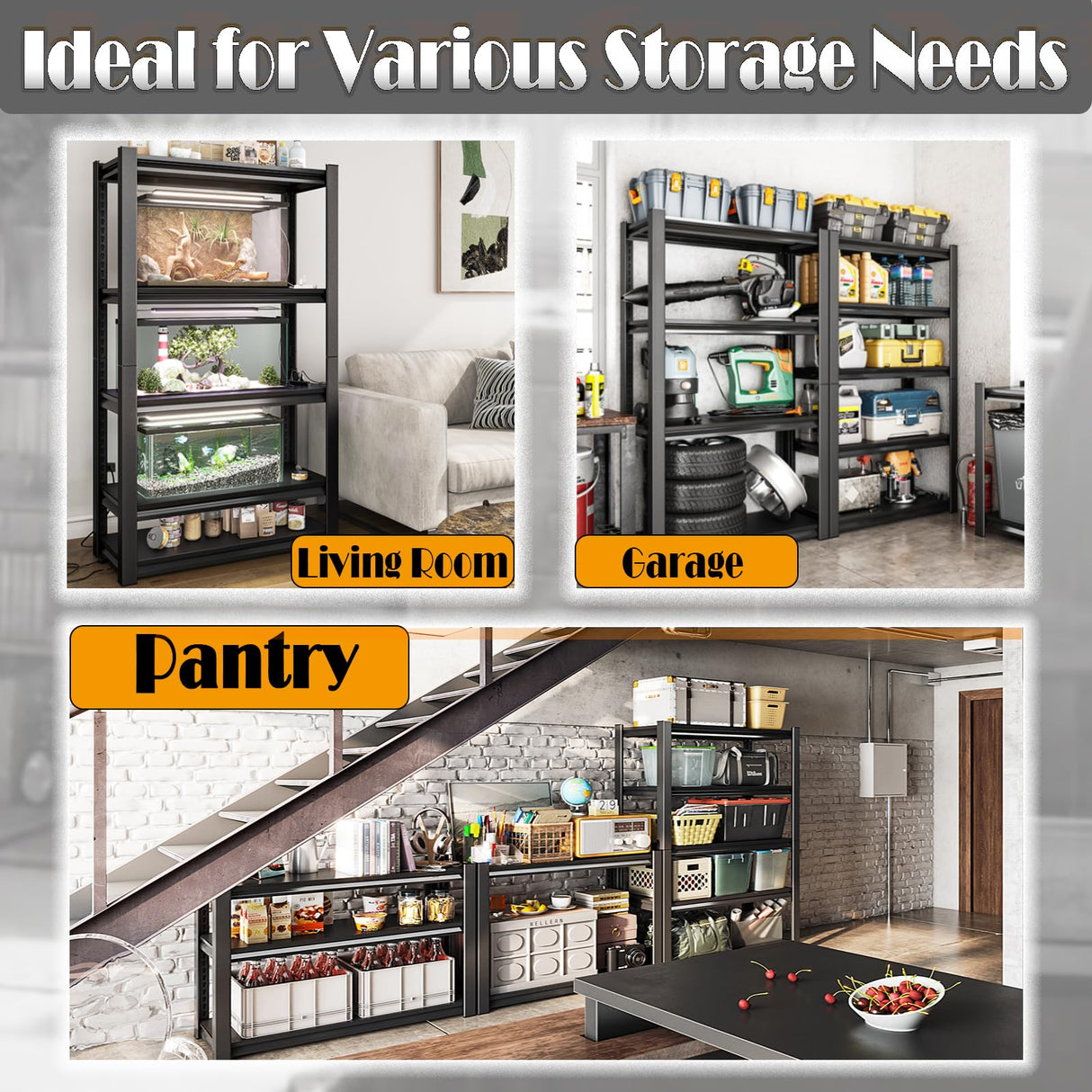 Rufokisa 40in Wide Garage Shelving Heavy Duty，2500lbs Large Loads Adjustable Garage Storage Shelves,All Metal Storage Racks and Utility Rack Shelves, 40”W x 18”D x 72”H (Black) Rufokisa