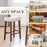 PrimeZone Counter Height Bar Stools Set of 2 - Backless Saddle Barstools with 4.3" Thick Upholstered, Nailhead Trim Linen Fabric & Solid Wood Legs, 26 Inch Counter Stools for Kitchen Island, Beige PrimeZone