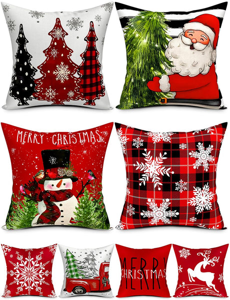 Double-Sided Print Christmas Pillow Covers 18''x18'', Set of 4, 8 Christmas Patterns Christmas Tree, Snowman, Snowflakes, Merry Christmas, Deer, Santa Claus,Truck, Let It Snow, Soft Linen Material TOYPOPOR