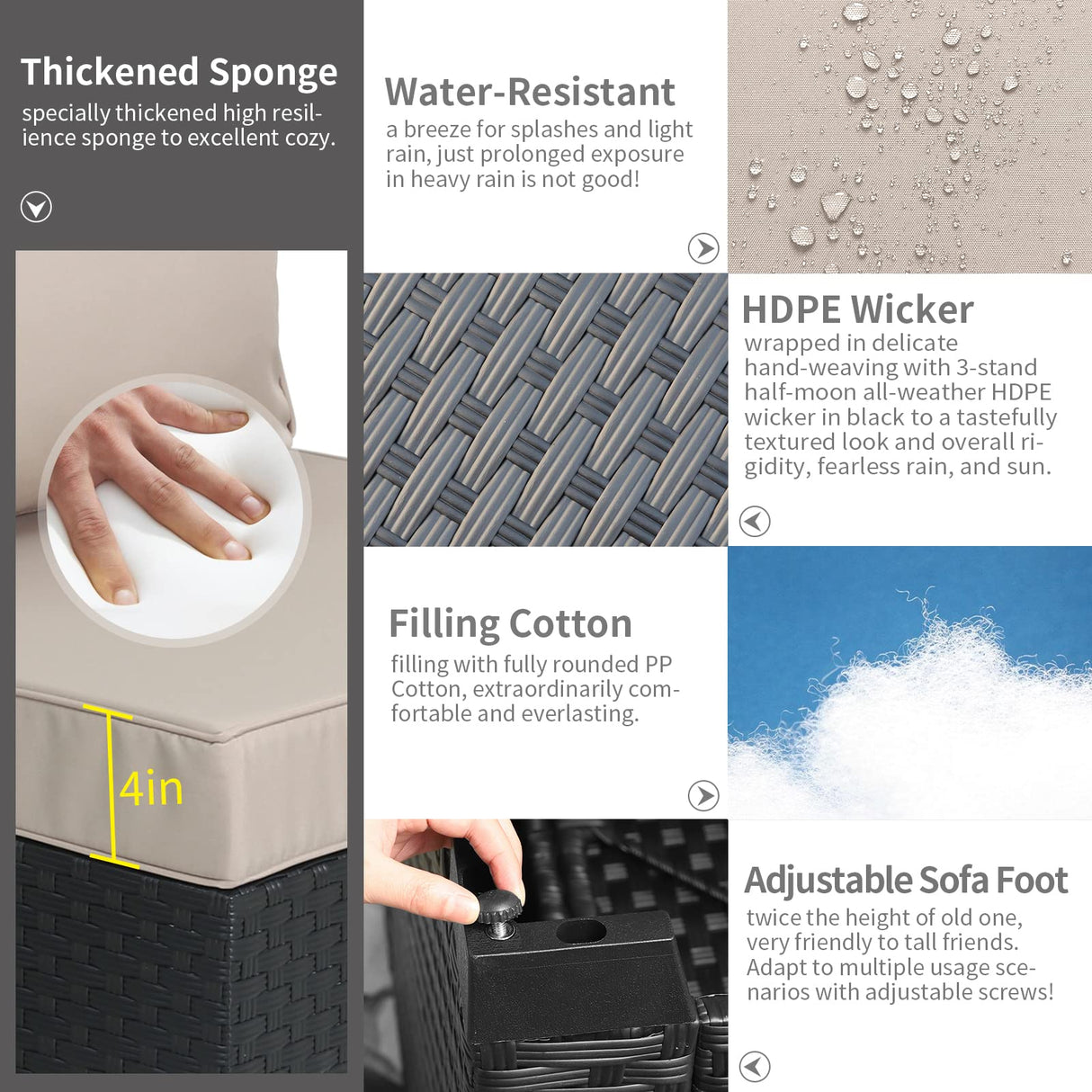 Rattaner Outdoor Sectional Wicker Patio Furniture Long Patio Couch with Ottoman and Outdoor Storage Table 4 Pieces Patio Furniture Set Weathering Anti-Slip Cushions Waterproof Covers, Khaki Rattaner