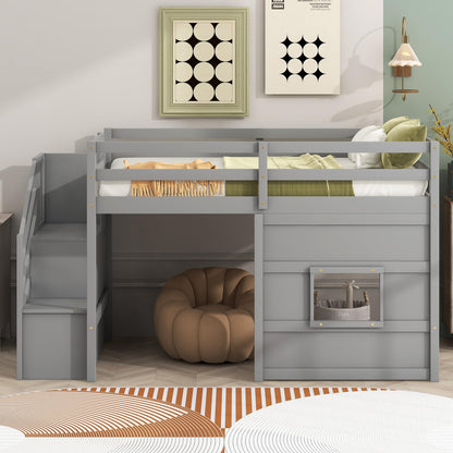 Harper & Bright Designs Low Loft Bed with Stairs, Twin Bed Frame for Kids with Storage, Gray