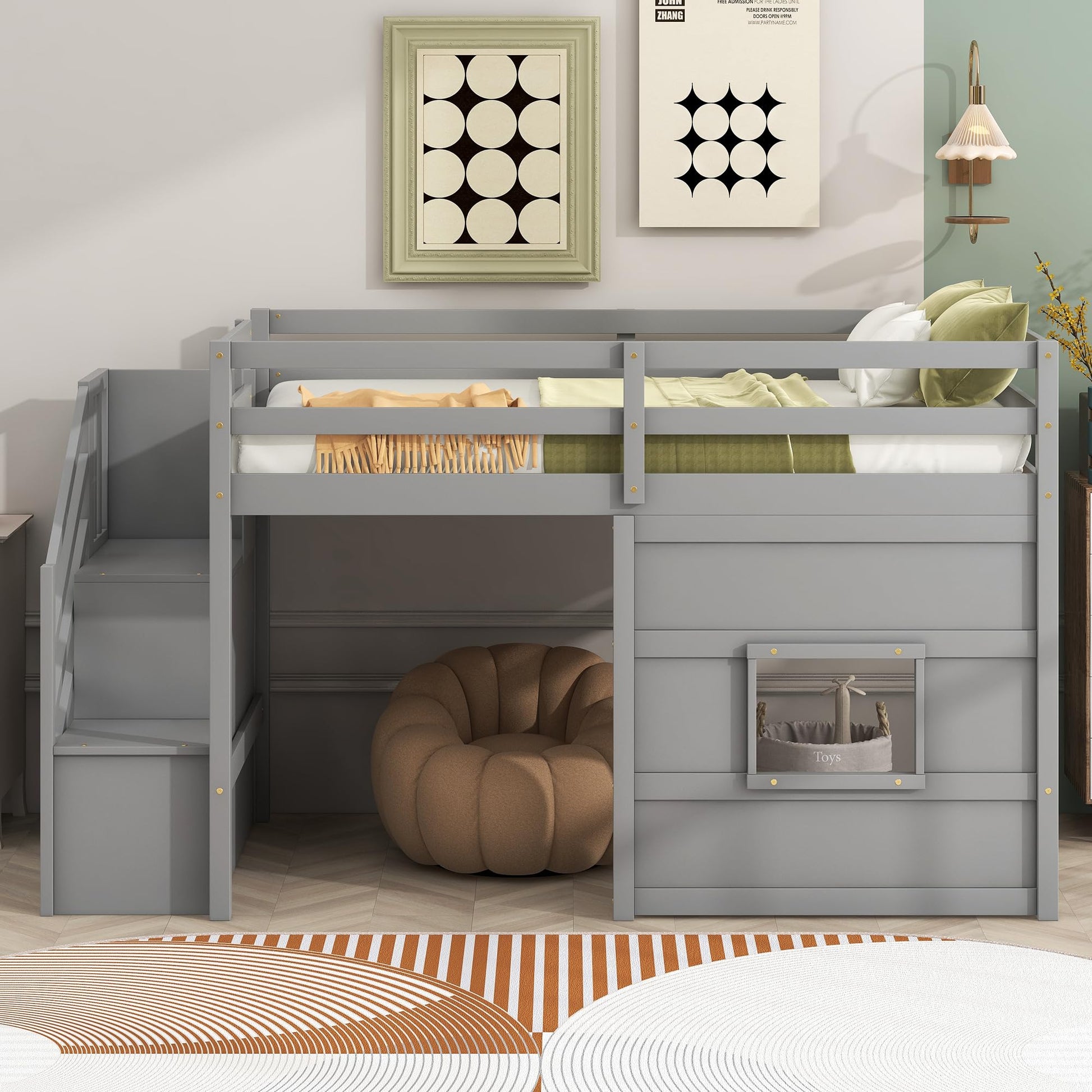 Favfurish Twin Size Grey Loft Bed with Storage Staircase and Playful Window Design - WoodArtSupply