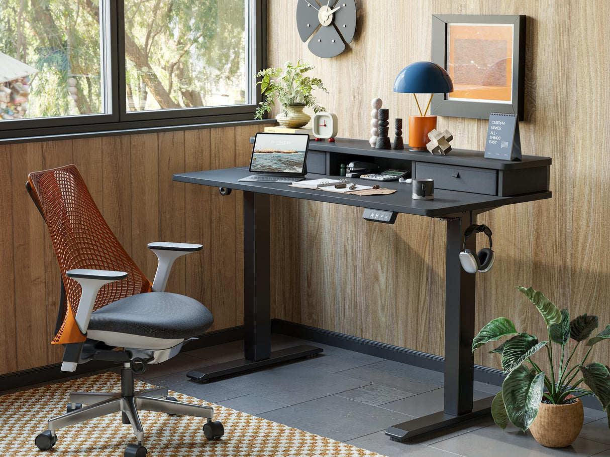 TIQLAB 48 * 24 Inch Standing Desk with Two Drawers, Stand Up Desk Adjustable Height, Electric Sit Stand Table with Storage Shelf and Splice Board, Black TIQLAB