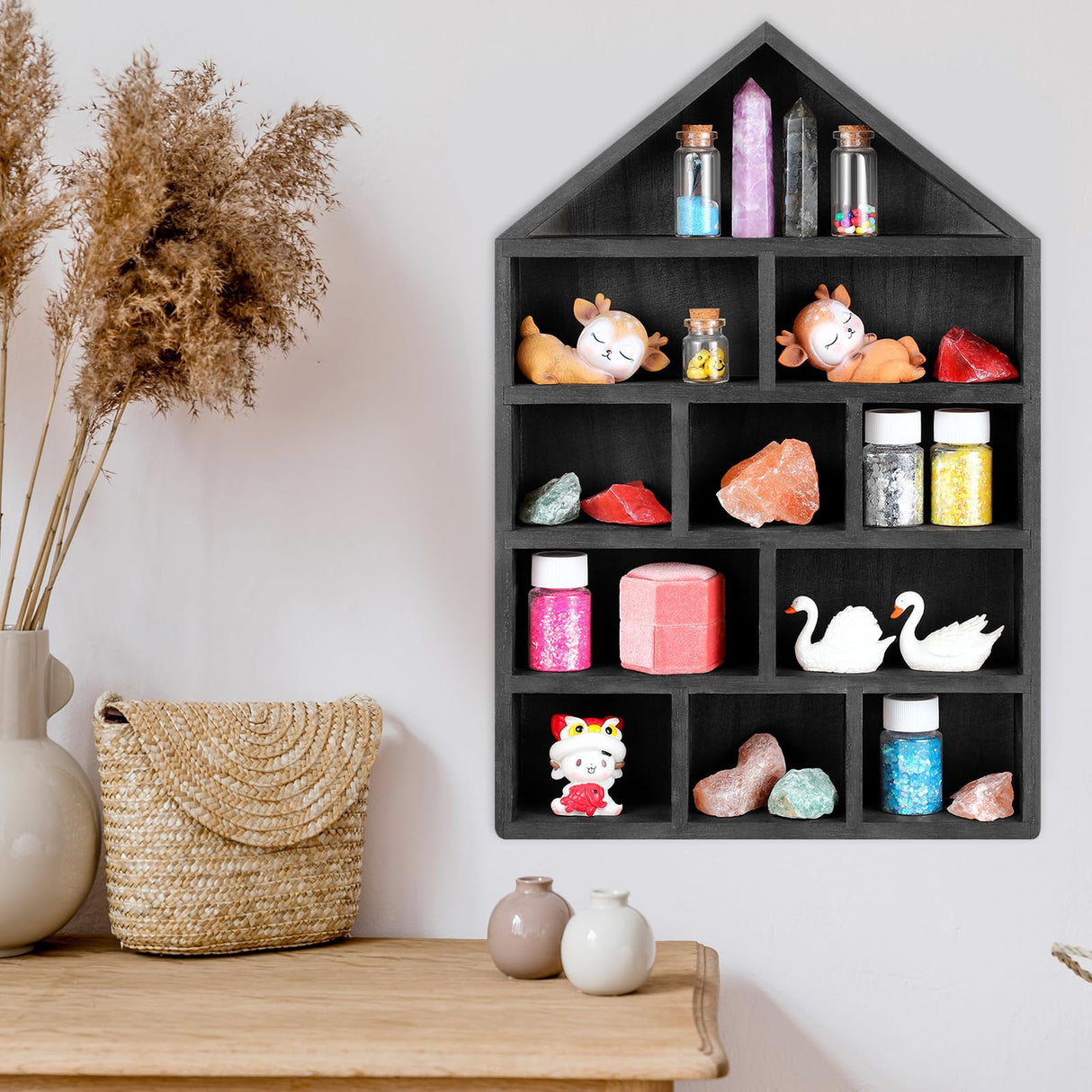 Threehoney House Shaped Wooden Shadow Cubby Box 10 W x 2 1/4 D x 15 H Hanging Display Shelf Organizer Wall Mounted Curio Cabinet Wooden Display Case Miniature Display Shelf for Figures (Black) Threehoney