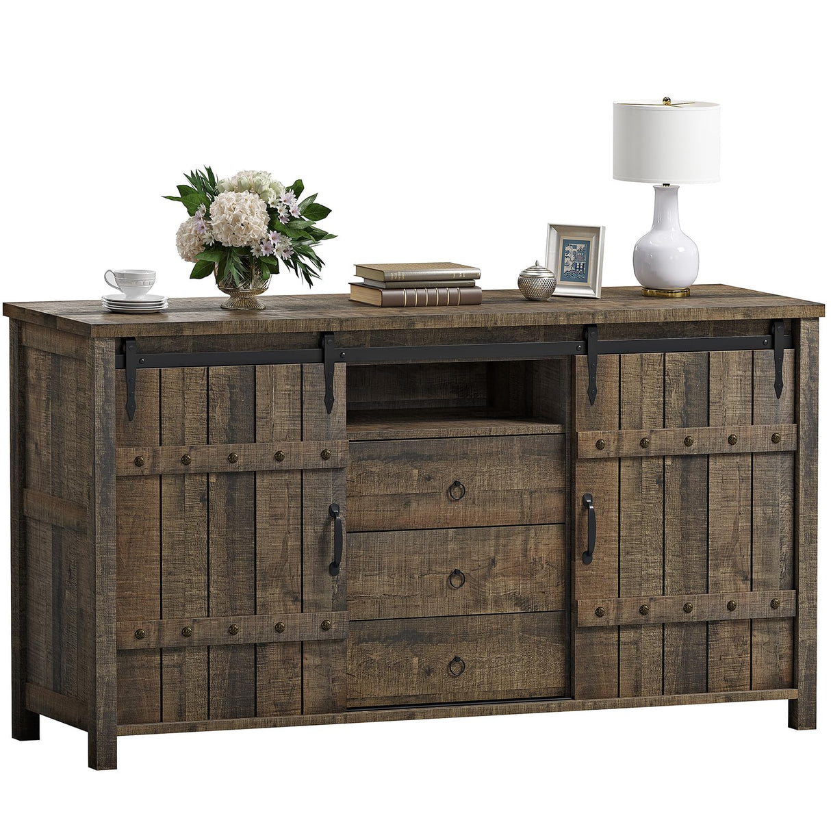 REAHOME 60" Buffet Cabinet with Storage, Farmhouse Sideboard Buffet Cabinet with Sliding Barn Doors & 3 Drawers, Wood Coffee Bar Cabinet Buffet Table for Kitchen, Dining Room, Rustic Brown REAHOME