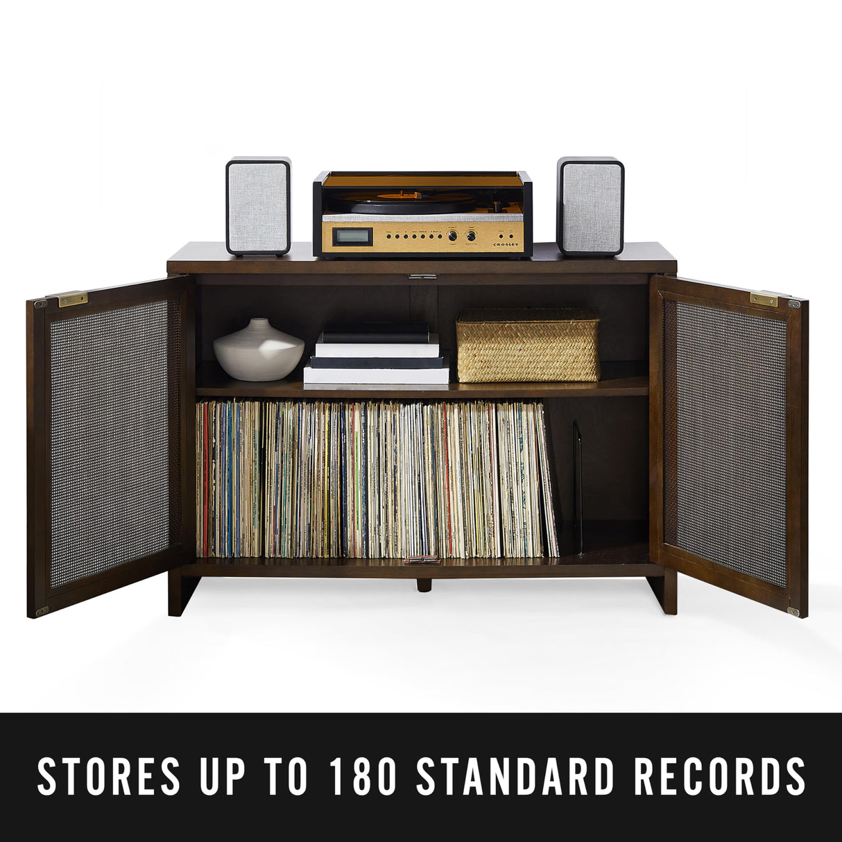 Crosley Furniture Kenji Media Console, Record Player Stand with Vinyl Storage, Modern Home Organizer, Dark Brown Crosley Furniture