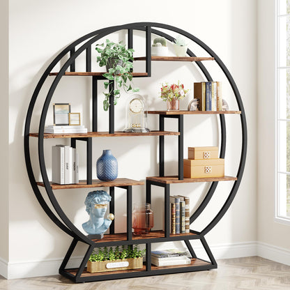 Tribesigns Bookshelf, Round Bookshelves Etagere Bookcase, 63 Inch Industrial Wood Book Shelf with Staggered Shelves, Rustic Open Shelving Organizer Rack Display Shelf for Home Office, Living Room