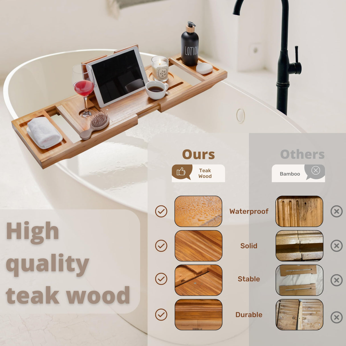 TEAKAURA Teak Bathtub Tray, Bathtub Caddy, Expandable Bath Tub Tray Wood, Bath Table Tray&Bathtub Shelf, Luxury Bathtub & Bathroom Accessories and Organizer, House Warming&Wedding Gifts(Large) TEAKAURA