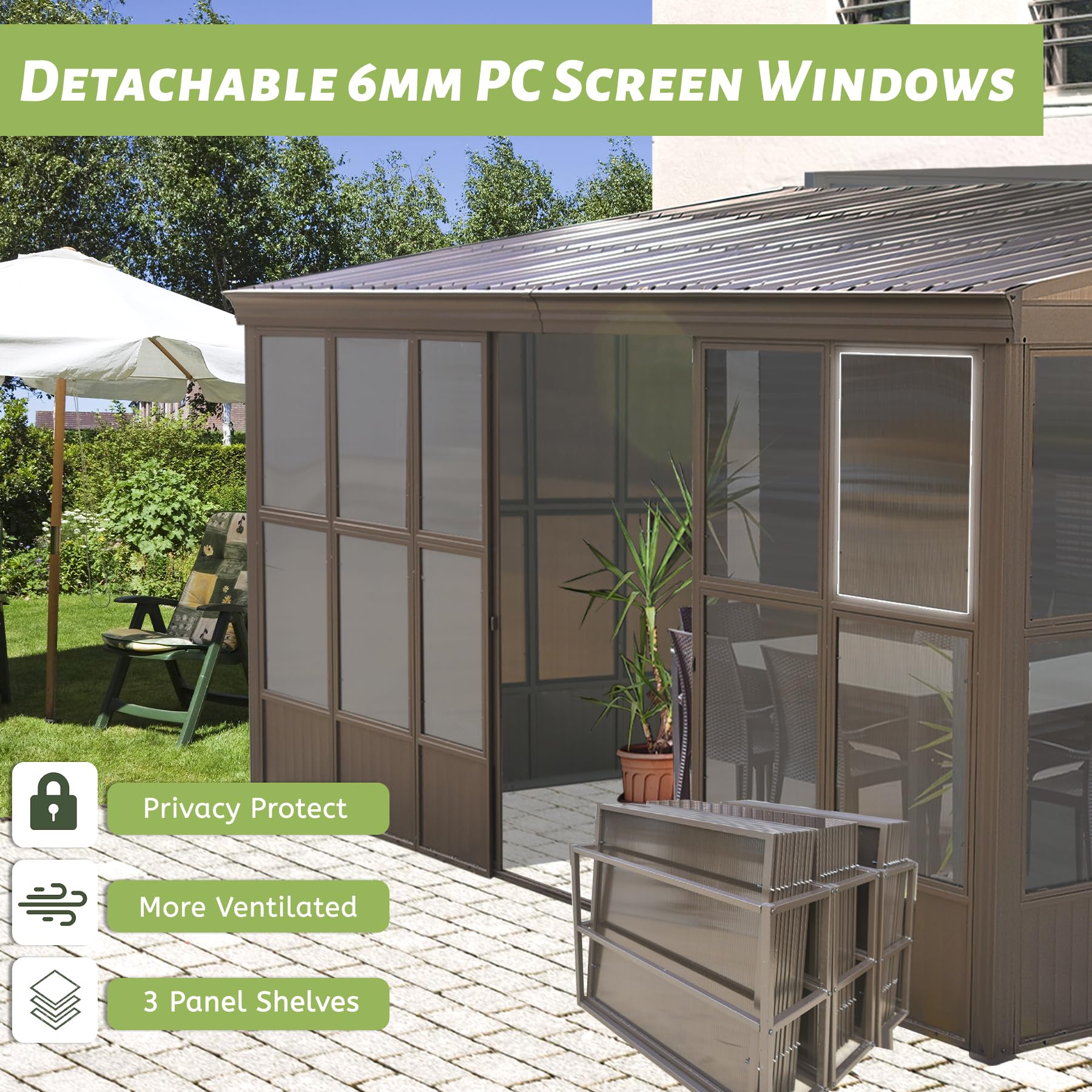 Domi 12x16FT Sunroom,Wall Mounted Gazebo Solarium with Front Door, Side Entrance, Galvanized Steel Sloping Roof, Moveable PC Screen, Outdoor Permanent Sun Room Lean to Gazebo for Deck Patio - WoodArtSupply