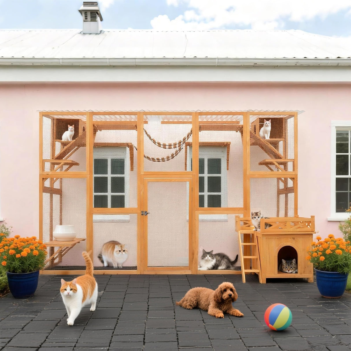 Merax 118 Inch Wooden Catio Outdoor Cat Enclosure,Large Luxury Kitty-House with 6 Jumping Platforms, 2 Bridges & Transparent PVC Roof, Kitty Kennel Condo Shelters and a Napping House, Natural Merax