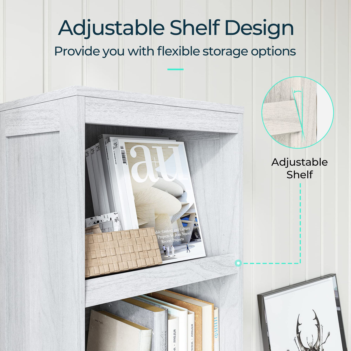 LINSY HOME 5-Shelf Bookcase, Narrow Bookshelves Floor Standing Display Storage Shelves 68 in Tall Bookcase Home Decor Furniture for Home Office, Living Room, Bed Room - White Oak LINSY HOME