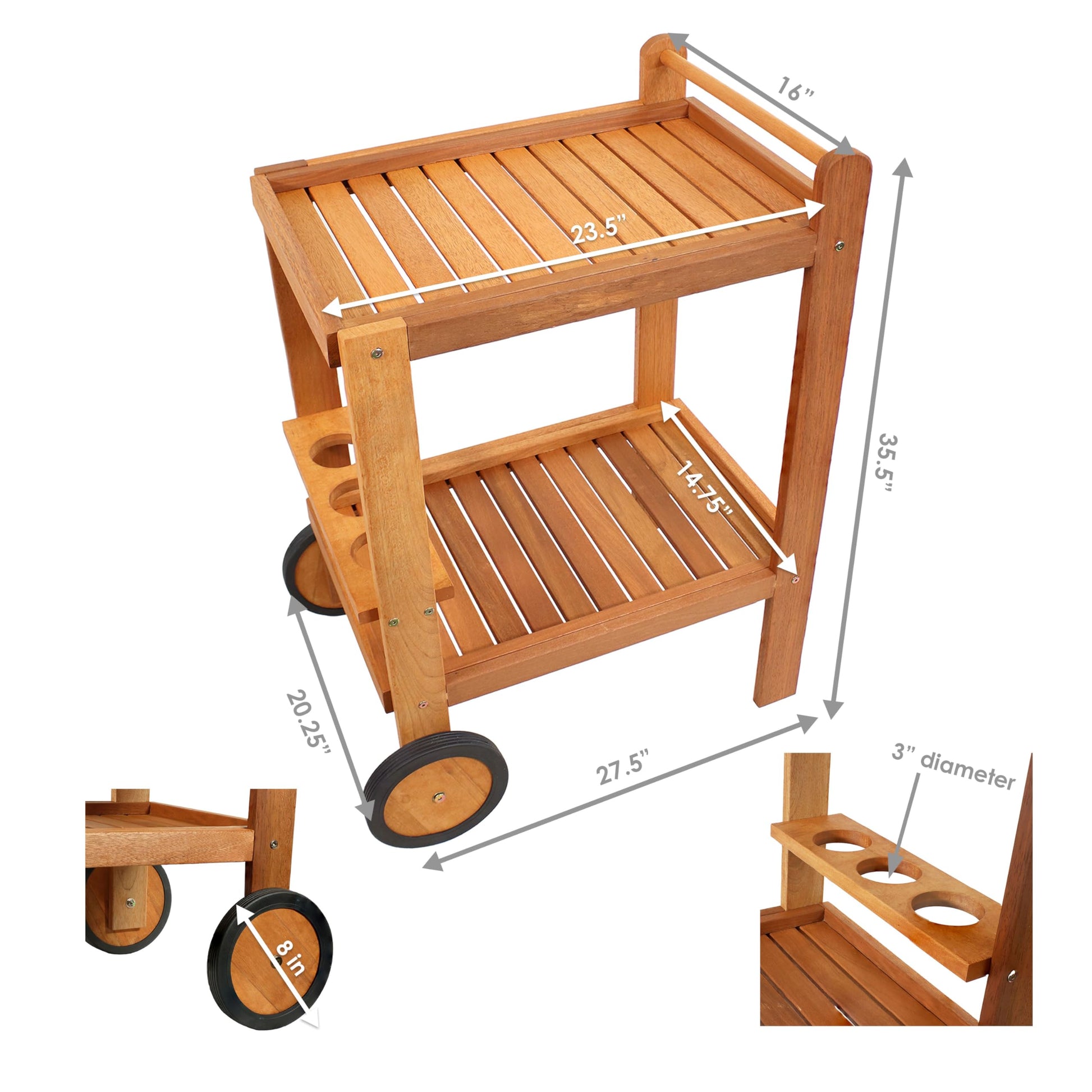 Sunnydaze Indoor/Outdoor Wood Bar Cart with Wheels - Malaysian Hardwood with Teak Oil Finish - 27.5" Wide x 35.5" High - WoodArtSupply