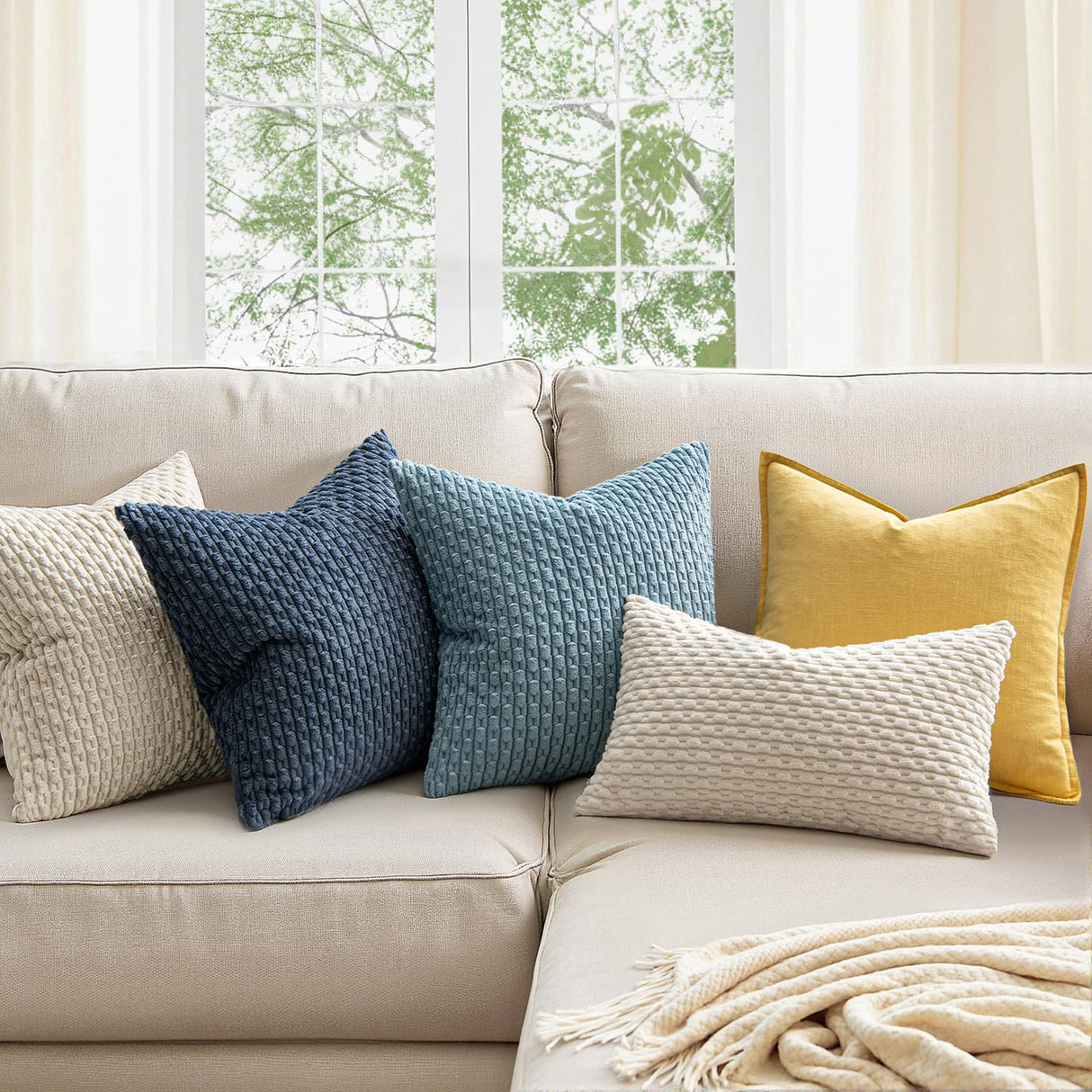 MIULEE Pack of 2 Decorative Throw Pillow Covers 18x18 Inch Soft Boho Striped Textured Corduroy Pillow Covers Modern Farmhouse Home Decor for Couch Bed Sofa Living Room Cream White MIULEE