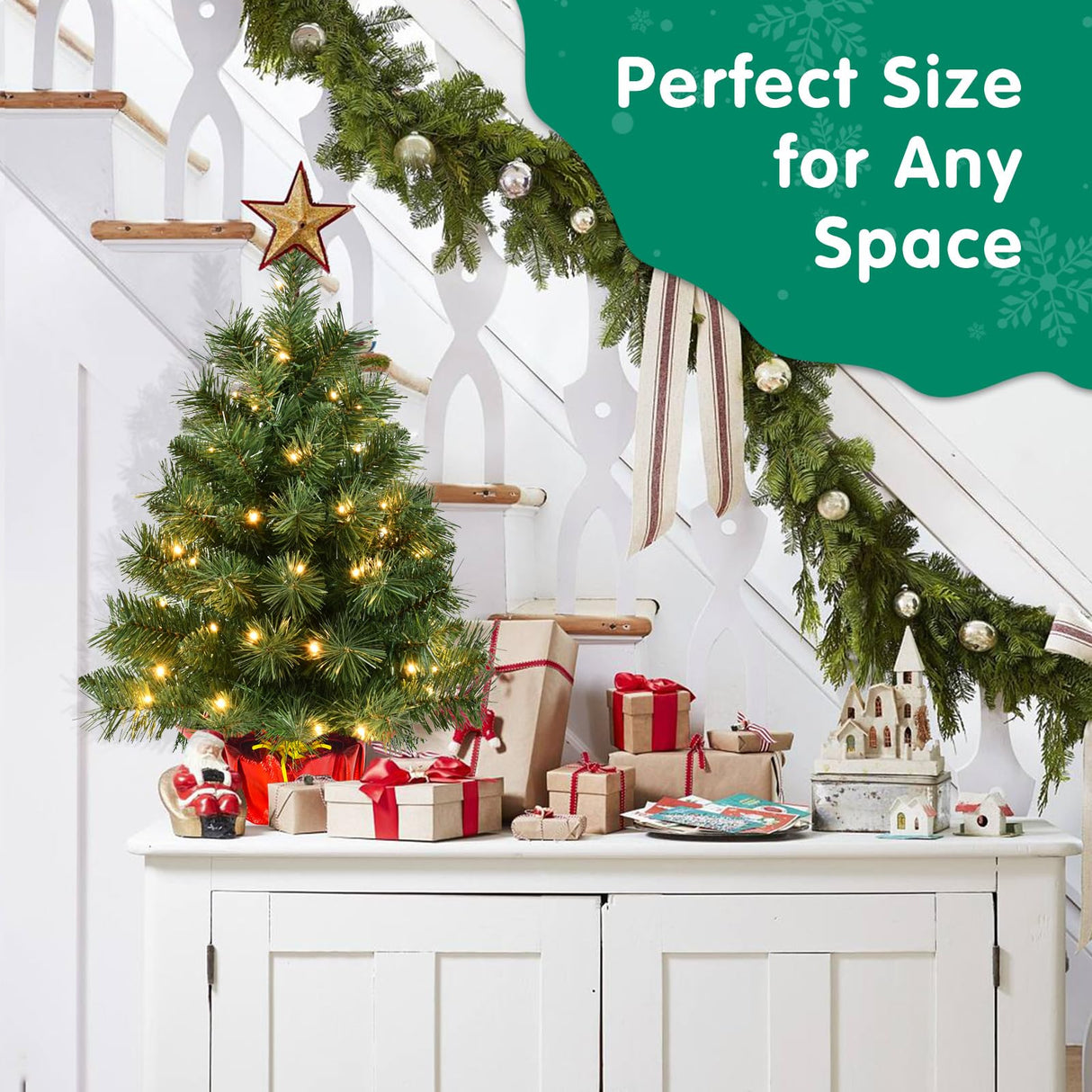 Pre-lit Artificial Mini Christmas Tree | Leeheeyee 2ft Tabletop Christmas Tree with 50 LED Lights, Battery Operated Small Xmas Pine Tree with Burlap Base for Table Desk Home Christmas Decor leeheeyee