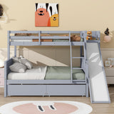 Bellemave Bunk beds Twin Over Full Size Slide and Stair, bunk Bed with Storage, Twin Over Full bunk beds for Kids, Floor bunk Bed, Low bunk Bed for Kids，Grey Bellemave