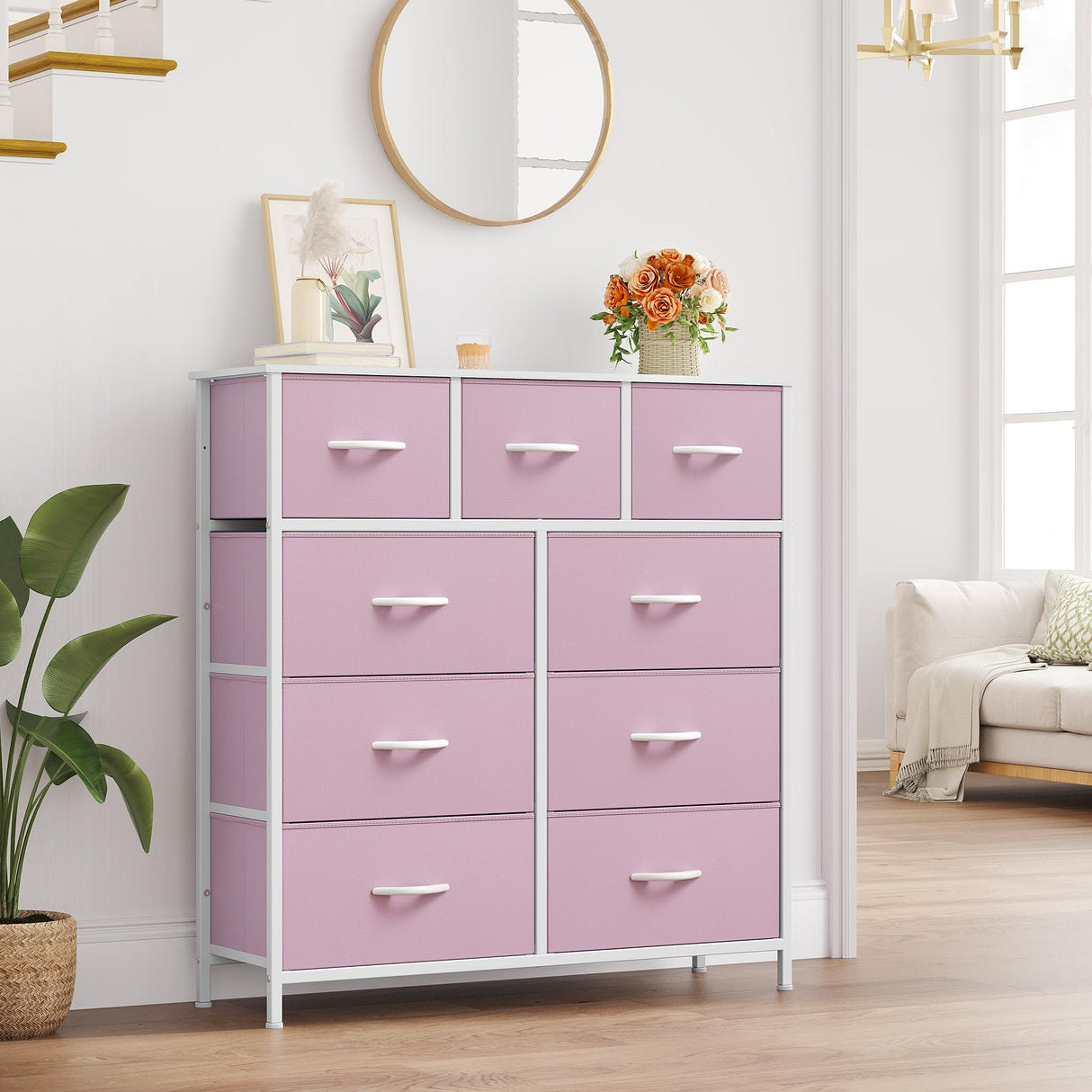YITAHOME Dresser for Bedroom with 9 Drawers, Fabric Storage Dresser, Closet Dresser & Chest of Drawers for Living Room, Closets - Sturdy Steel Frame, Wooden Top & Easy Pull Fabric Bins(Pink) YITAHOME